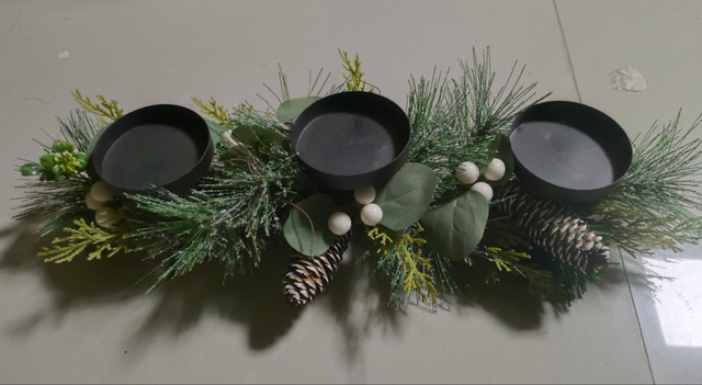 キャンドルホルダー メガネなし グリーンリーフ ホワイトボール&松ぼっくり - 5