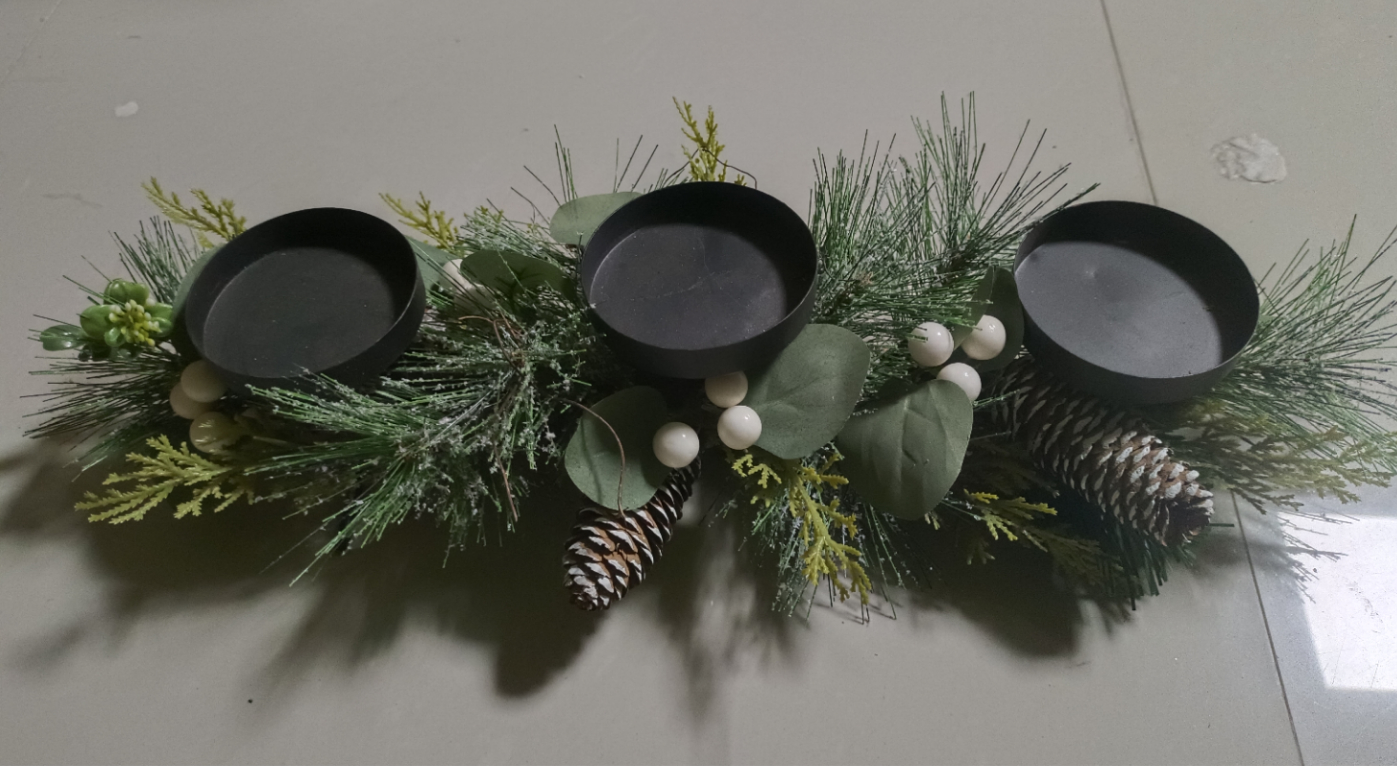 キャンドルホルダー メガネなし グリーンリーフ ホワイトボール&松ぼっくり - 5