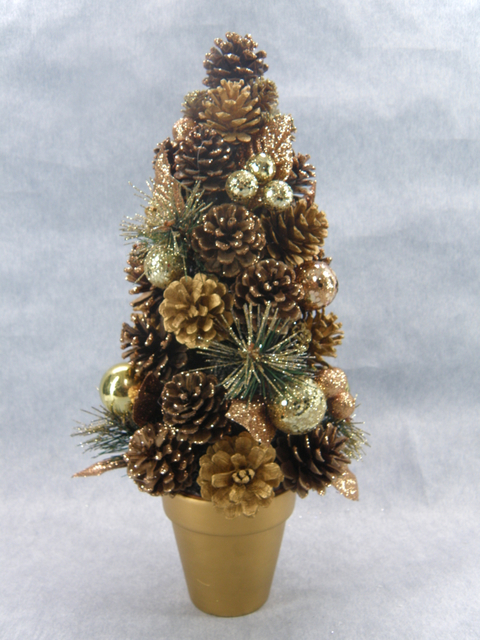 X'mas グリーン ミニツリー 洗面器付き + ギルターボール/松ぼっくり/葉っぱ - 4