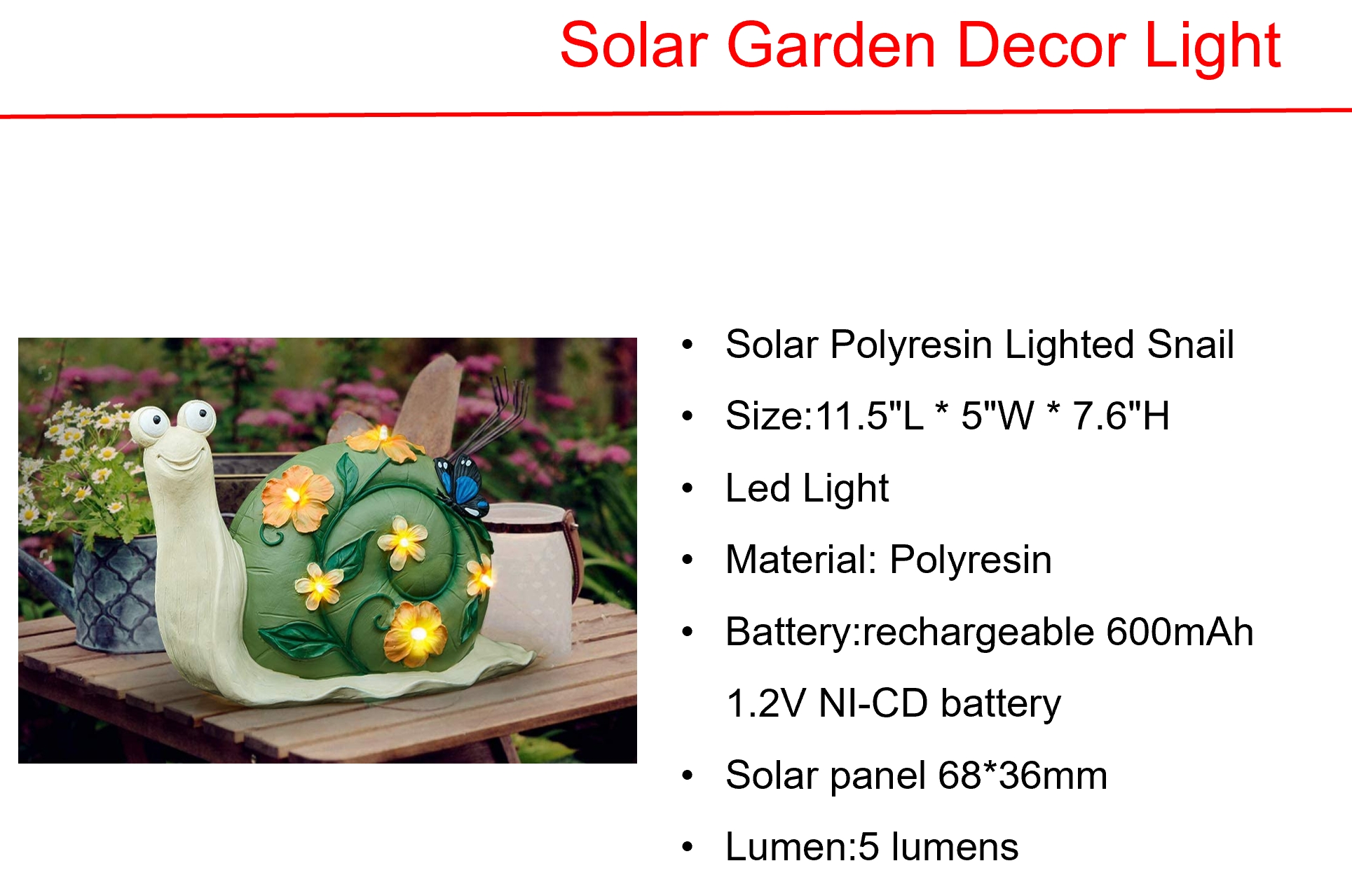 ソーラーLEDポリレジン点灯カタツムリ