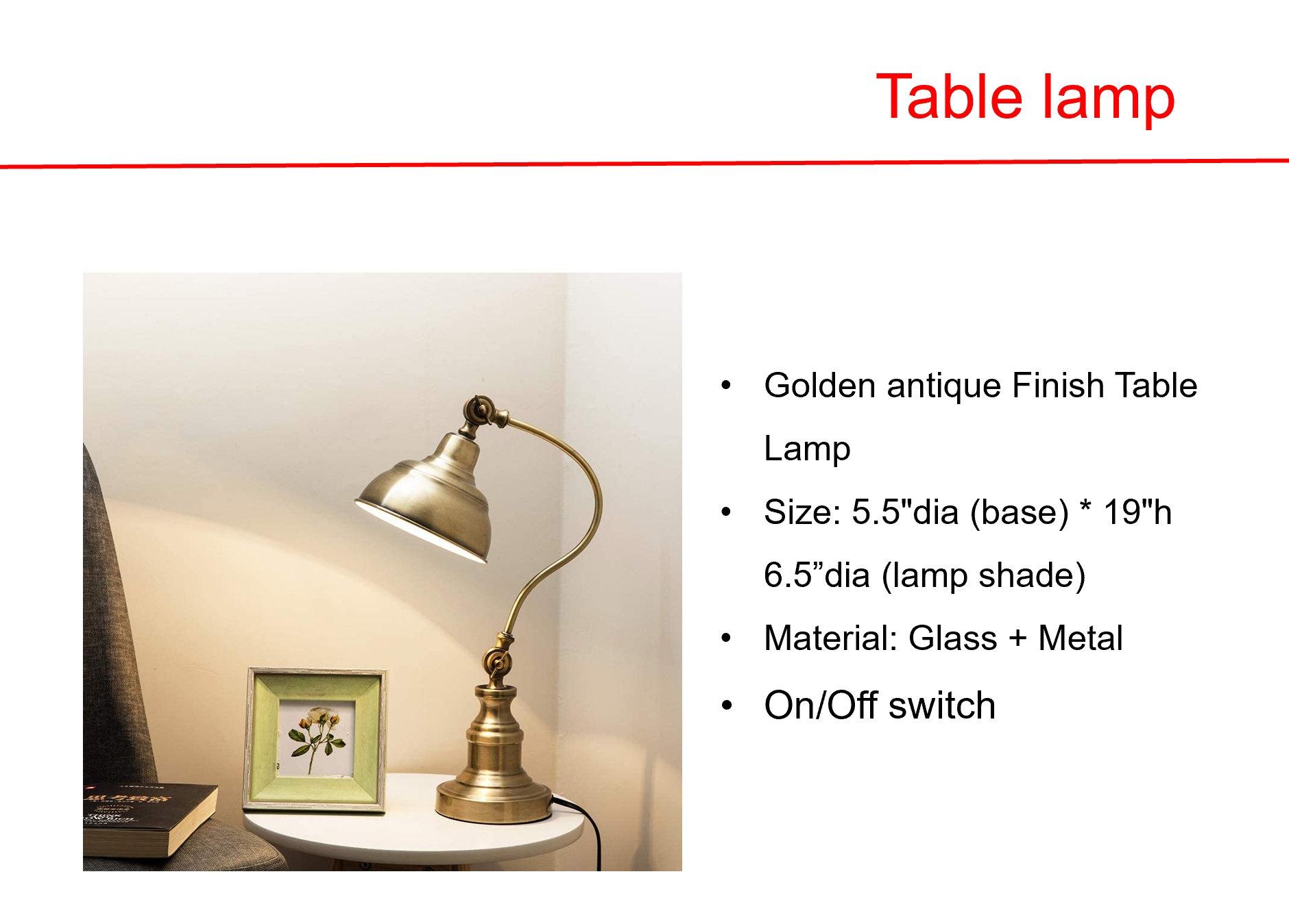 ソーラーゴールデンアンティーク仕上げテーブルランプ