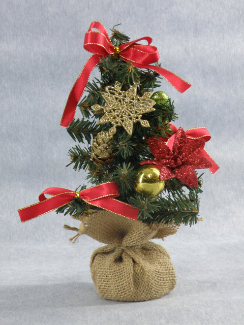 X'mas グリーンミニツリー 洗面器付+ゴールドボール/キラキラ松ぼっくり/レッドフラワー/レッドベルト - 53