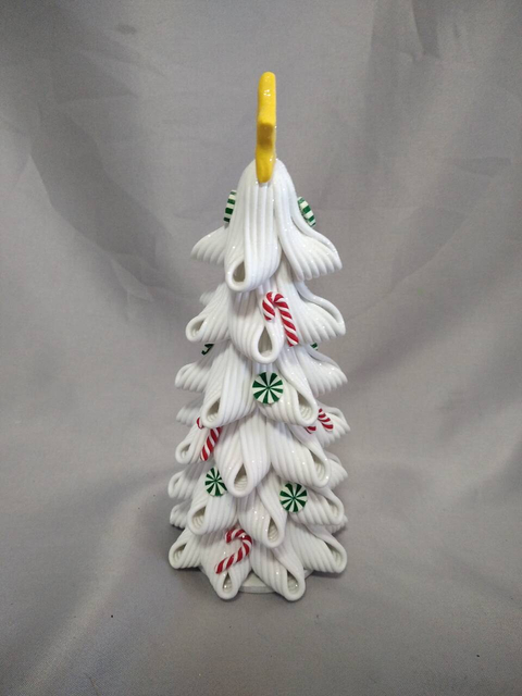 赤いキャンディー杖と緑色の丸い装飾品を備えたホワイトクリスマスツリー|幅8cm×高さ21cm |イエロースタートッパー|内部の10主導の温かい白いライト