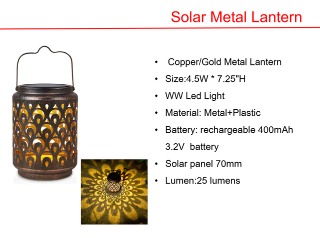 ソーラー LED ブラック街灯 & 銅/ゴールド金属ランタン ライト
