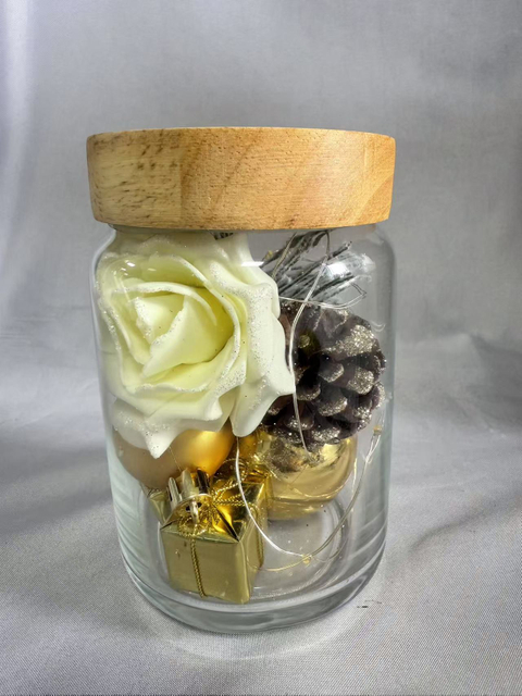 密封されたゴールデンガラスジャー（9.5cm DIA×14.5cm h）の保存花の花束、4：1の点滅する妖精のワイヤーライト（AA×2バッテリー駆動）、ギフト/家のエレガントなテーブルトップの装飾