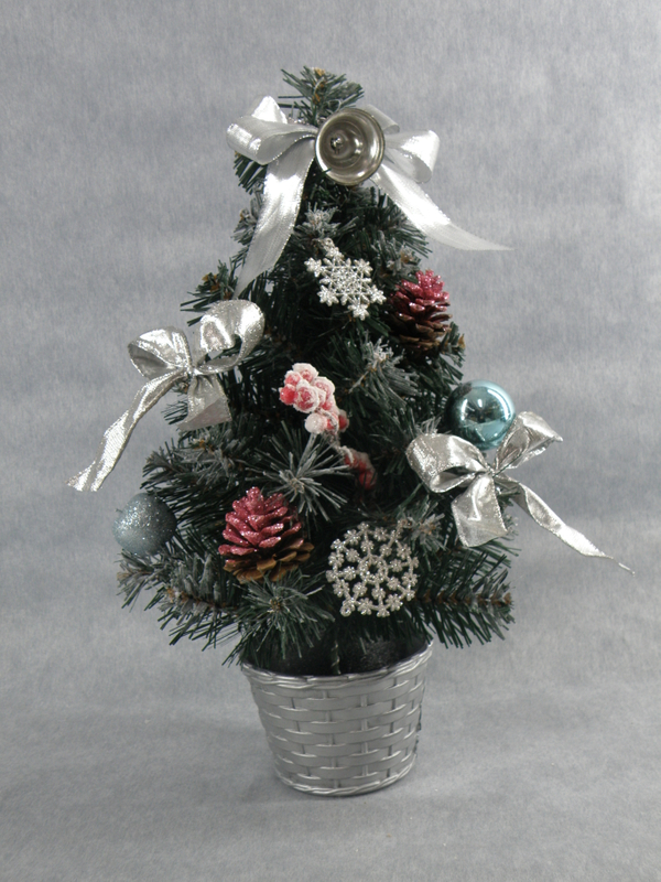 X'masグリーンミニツリー盆地+グリッターデフコル付き。ボール/松ぼっくり/シルバーベルト - 57