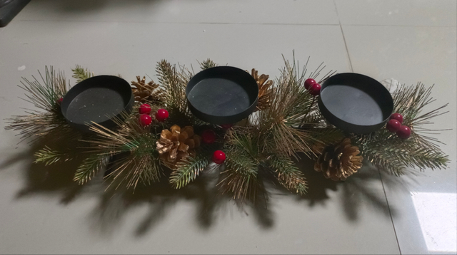 キャンドルホルダー メガネなし グリーンリーフ ホワイトボール&松ぼっくり - 5