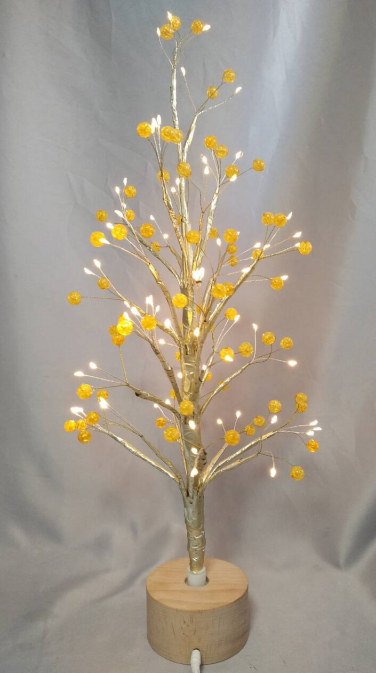 木製の回転ベース付き60cmゴールドラウンドビーズゴールデンツリーランプ