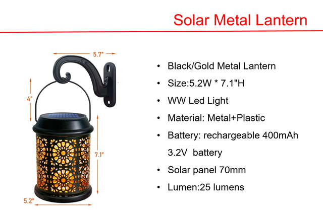 ソーラー LED ガター & ブラック/ゴールド メタル ランタン ライト