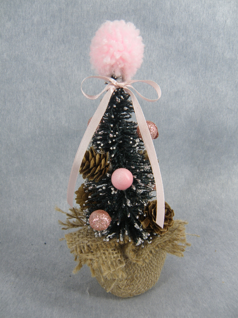 クリスマスグリーンミニツリー、トップコットン付き ピンクボール+白植毛、布製洗面器+コル。ボール/松ぼっくり/葉っぱ - 6
