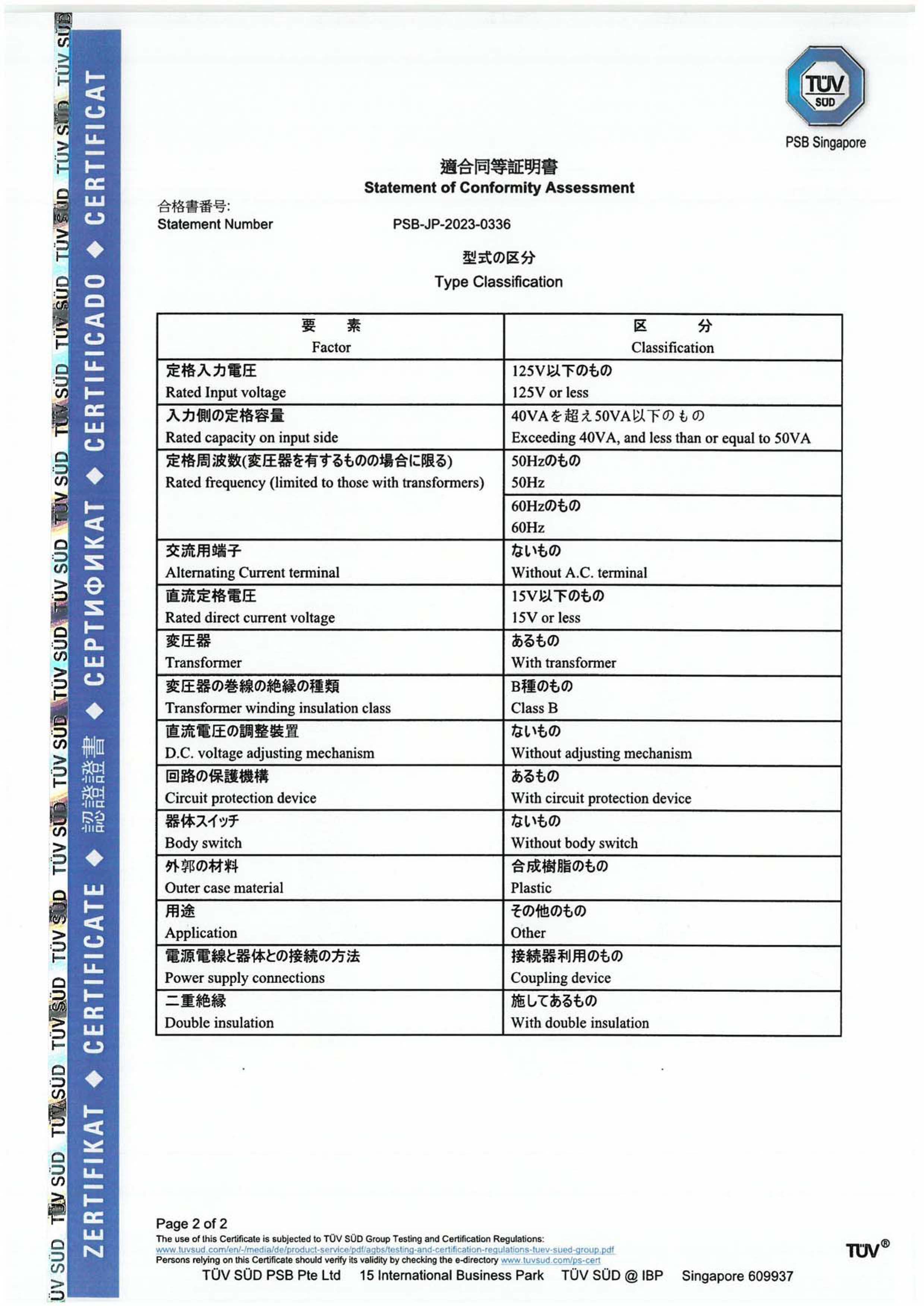 PSE F3 証明書 PSB-JP-2023-0336-2
