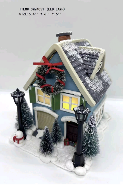 粘土生地 小さな青い家には花輪がぶら下がっています - 24