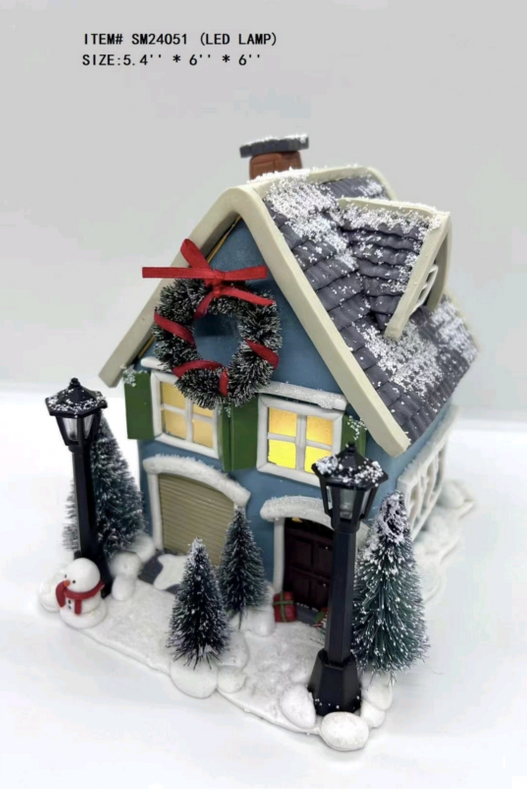 粘土生地 小さな青い家には花輪がぶら下がっています - 24