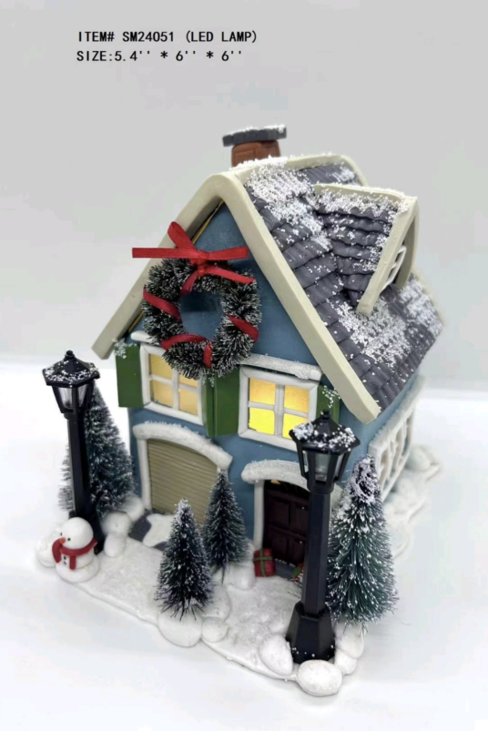 粘土生地 小さな青い家には花輪がぶら下がっています - 24