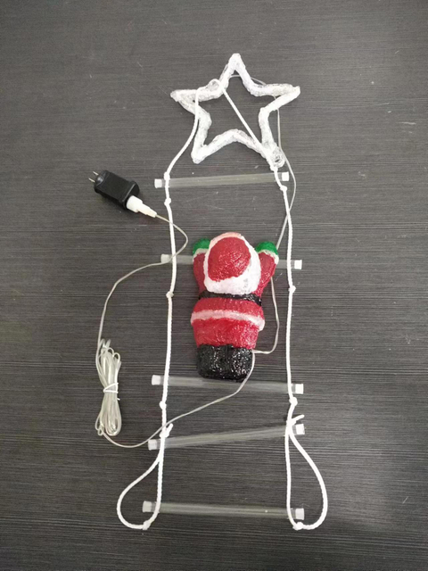 ブラシ付きはしご型の弦ライトサンタクロースの置物 +トップマウント22cm直径22cmの5点星と32個の白いLEDライト