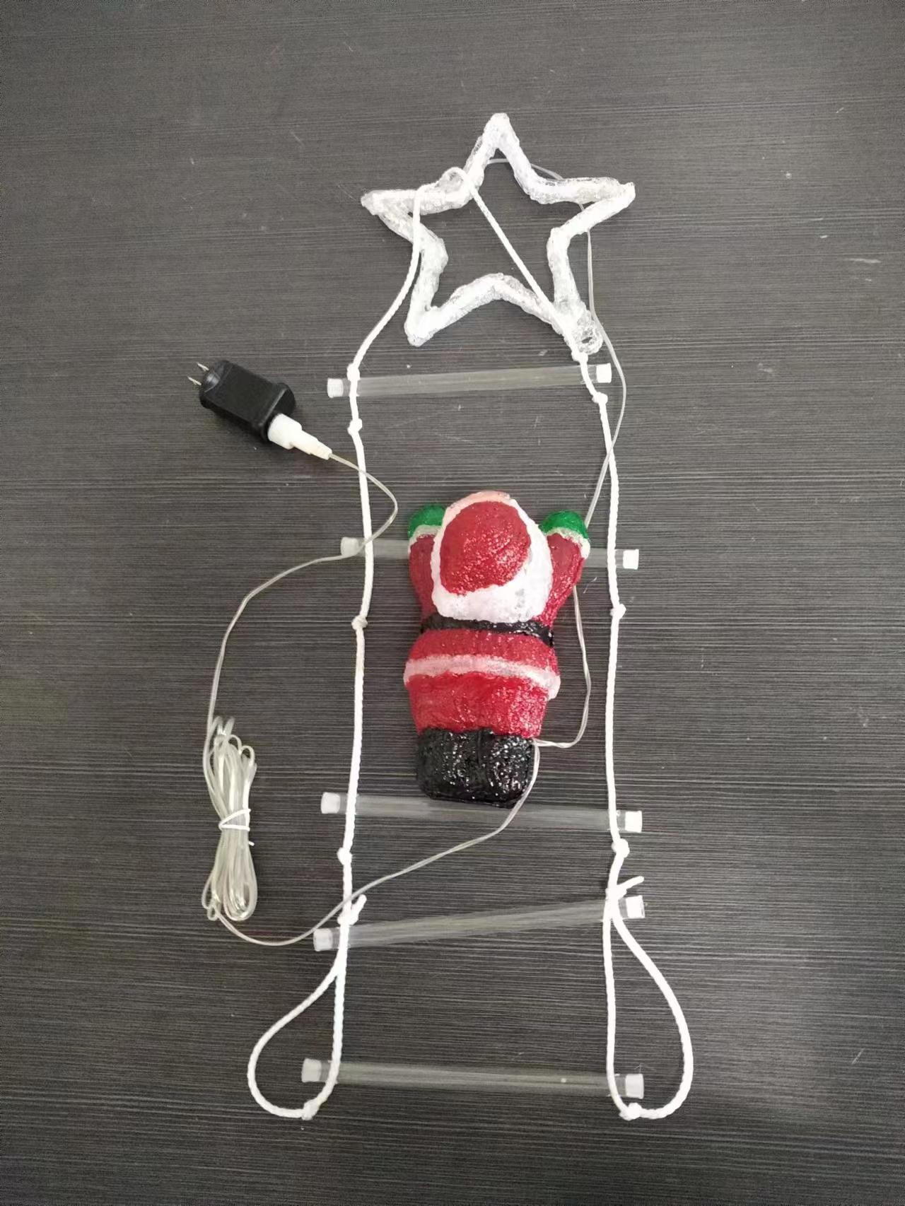 ブラシ付きはしご型の弦ライトサンタクロースの置物 +トップマウント22cm直径22cmの5点星と32個の白いLEDライト