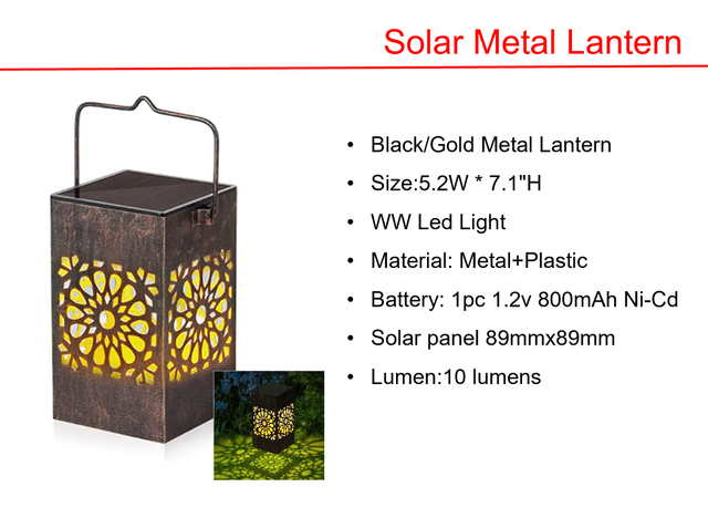 ソーラーLEDスクエアウォール&ブラック/ゴールドメタルランタンライト