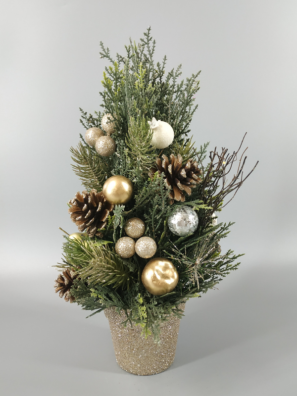 X'masグリーンミニツリー、赤い布製洗面器+グリッターデフコル付き。ボール/松ぼっくり - 15