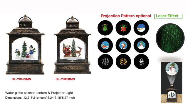 アクリルウォーターグローブスピナー ランタン&プロジェクターライト 雪だるま&ギフト/サンタクロース&トナカイ SR-36